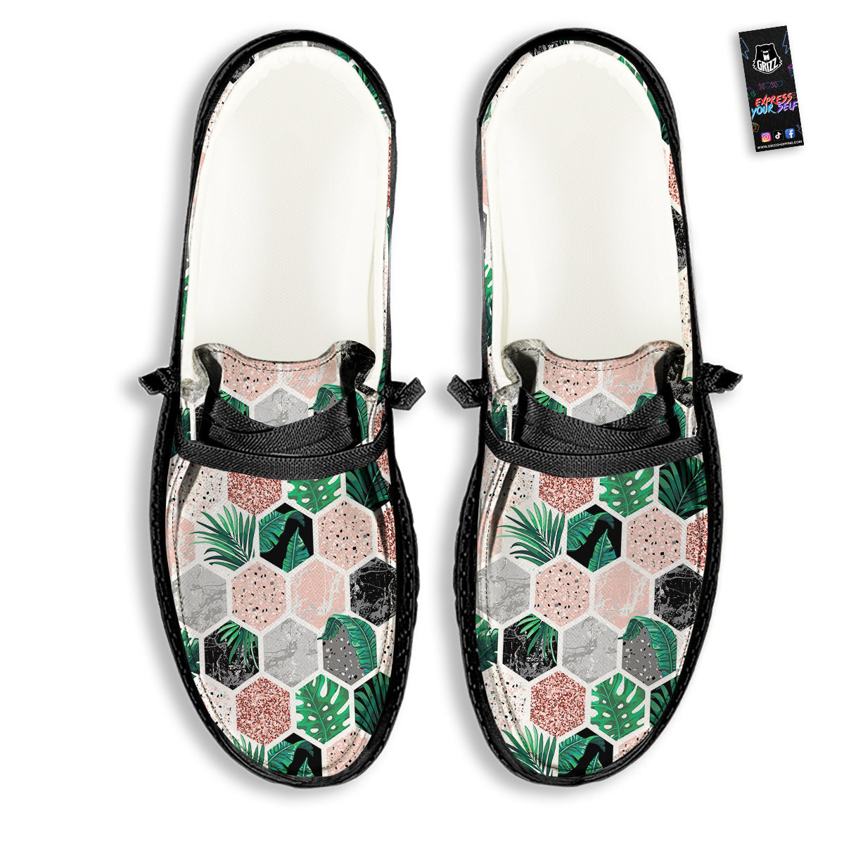Marble Geometric And Tropical Leaves Print Black Loafers-grizzshop