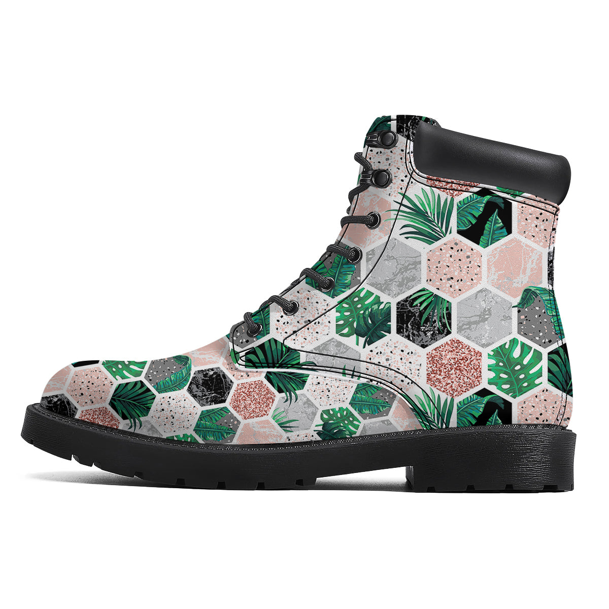 Marble Geometric And Tropical Leaves Print Boots-grizzshop