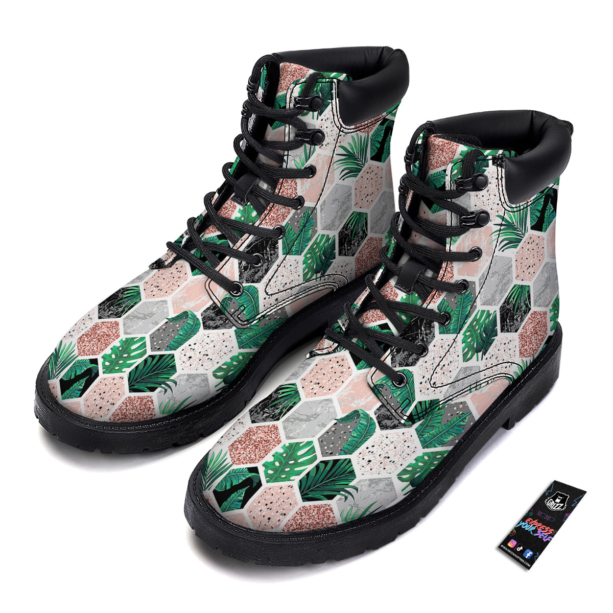 Marble Geometric And Tropical Leaves Print Boots-grizzshop
