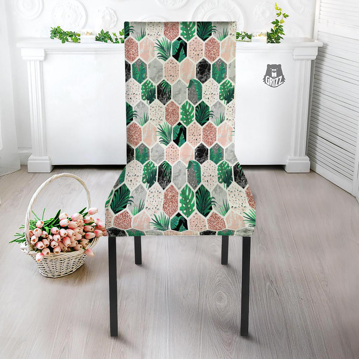 Marble Geometric And Tropical Leaves Print Dining Chair Slipcover-grizzshop