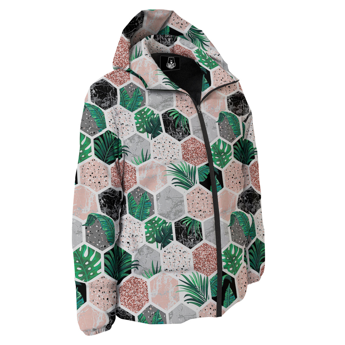 Marble Geometric And Tropical Leaves Print Down Jacket-grizzshop