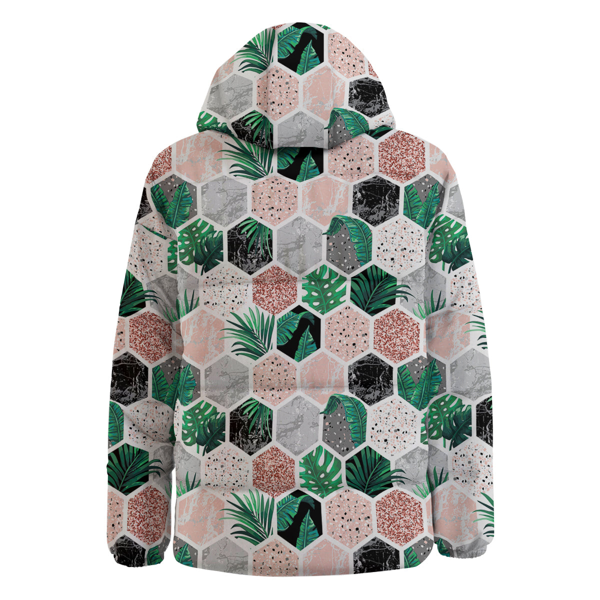 Marble Geometric And Tropical Leaves Print Down Jacket-grizzshop