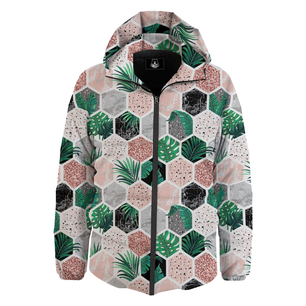 Marble Geometric And Tropical Leaves Print Down Jacket-grizzshop