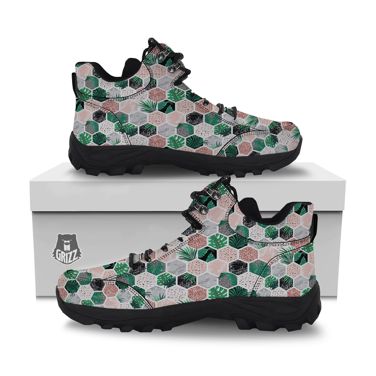 Marble Geometric And Tropical Leaves Print Hiking Shoes-grizzshop