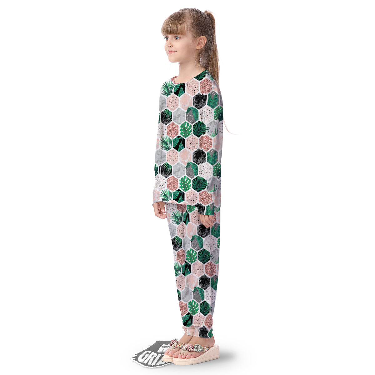 Marble Geometric And Tropical Leaves Print Kid's Pajamas-grizzshop