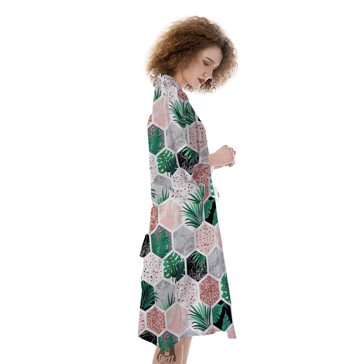 Marble Geometric And Tropical Leaves Print Kimono-grizzshop