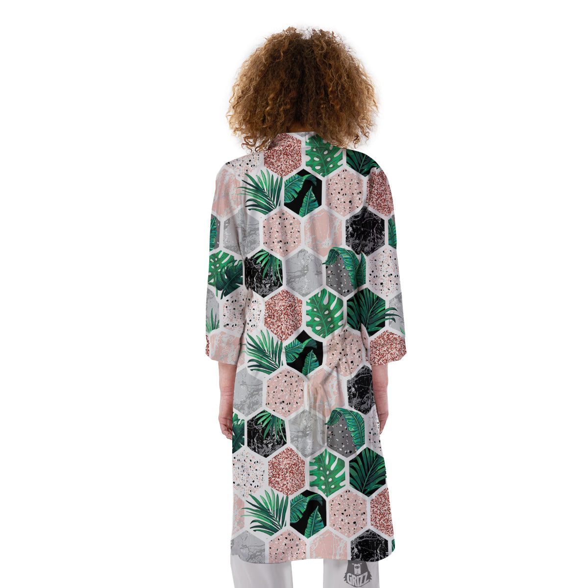 Marble Geometric And Tropical Leaves Print Kimono-grizzshop