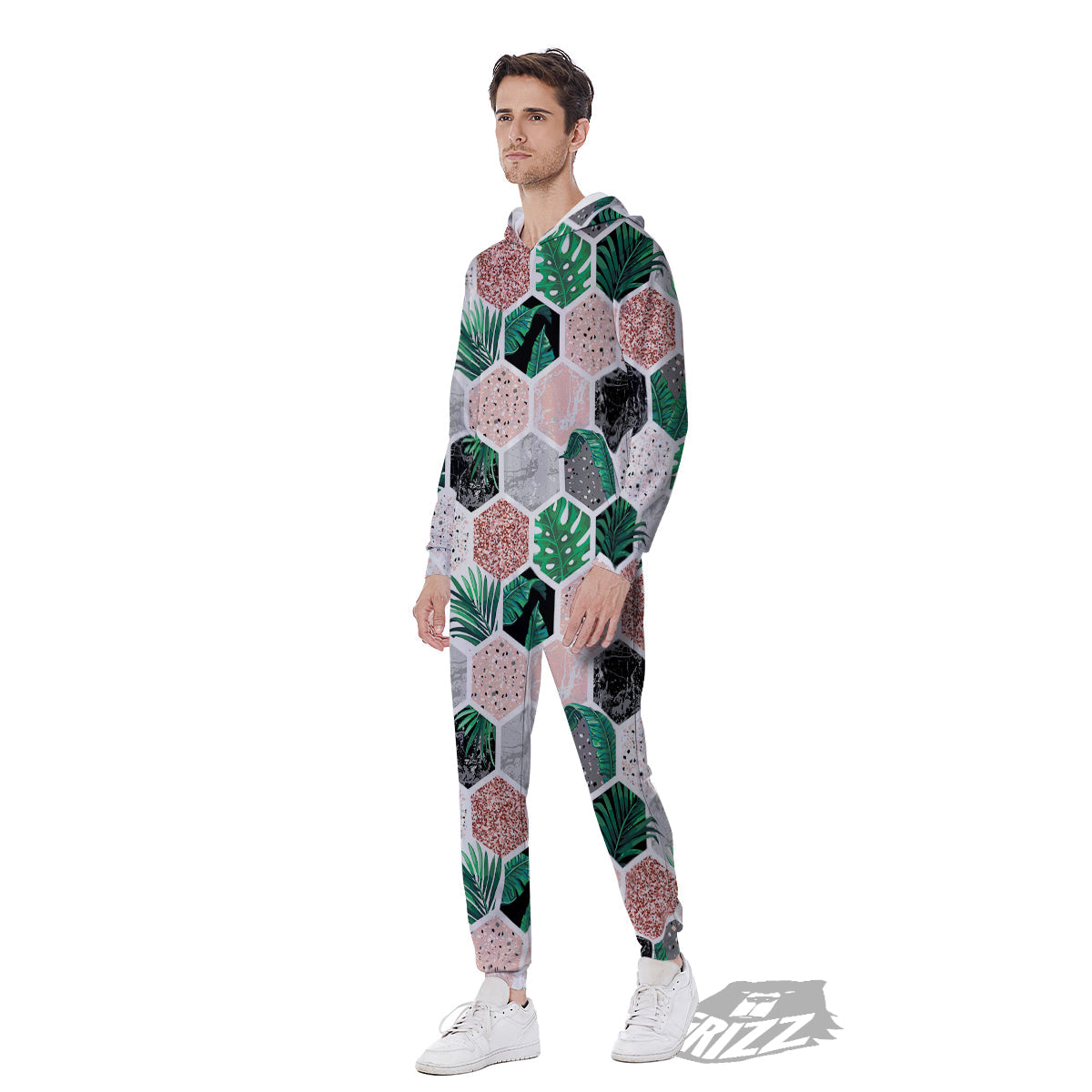 Marble Geometric And Tropical Leaves Print Men's Jumpsuit-grizzshop