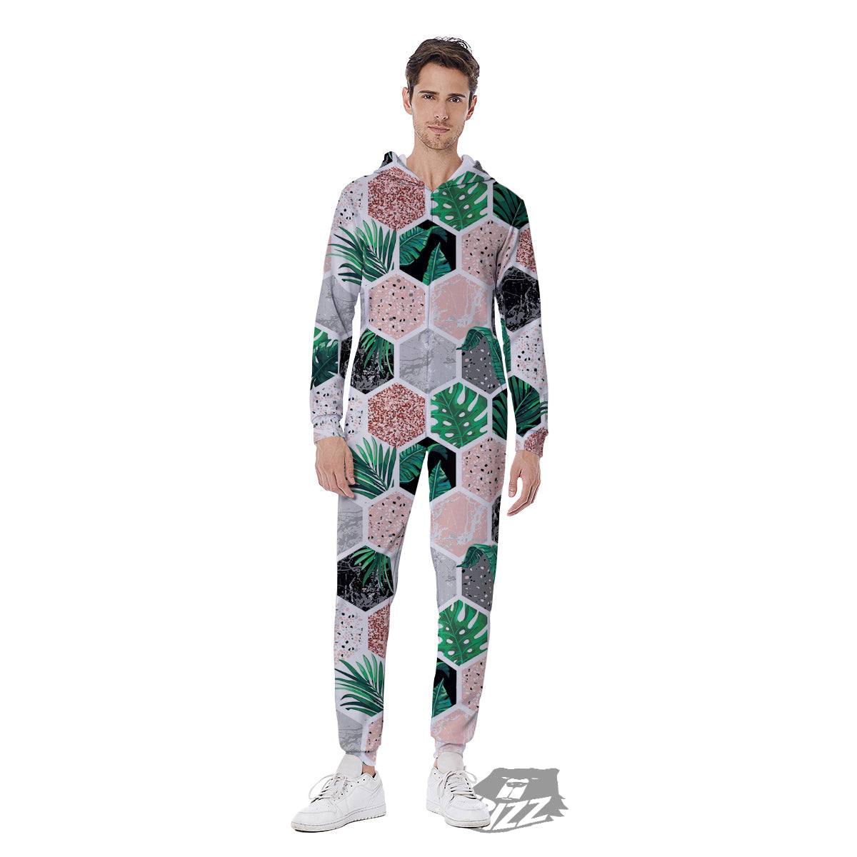 Marble Geometric And Tropical Leaves Print Men's Jumpsuit-grizzshop
