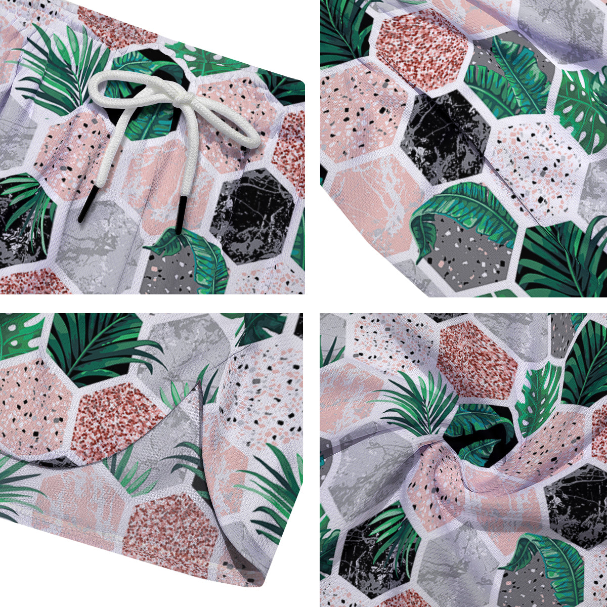 Marble Geometric And Tropical Leaves Print Men's Running Shorts-grizzshop