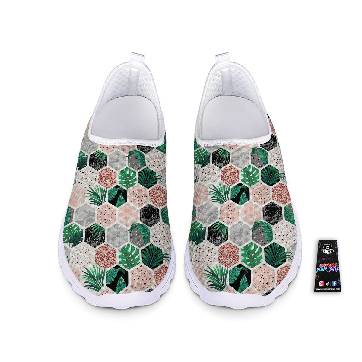 Marble Geometric And Tropical Leaves Print Nurse Shoes-grizzshop