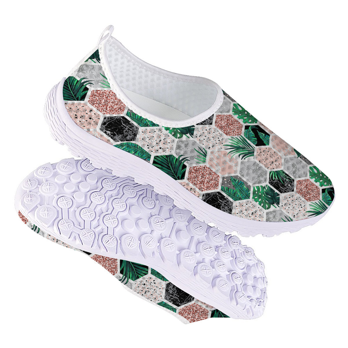 Marble Geometric And Tropical Leaves Print Nurse Shoes-grizzshop