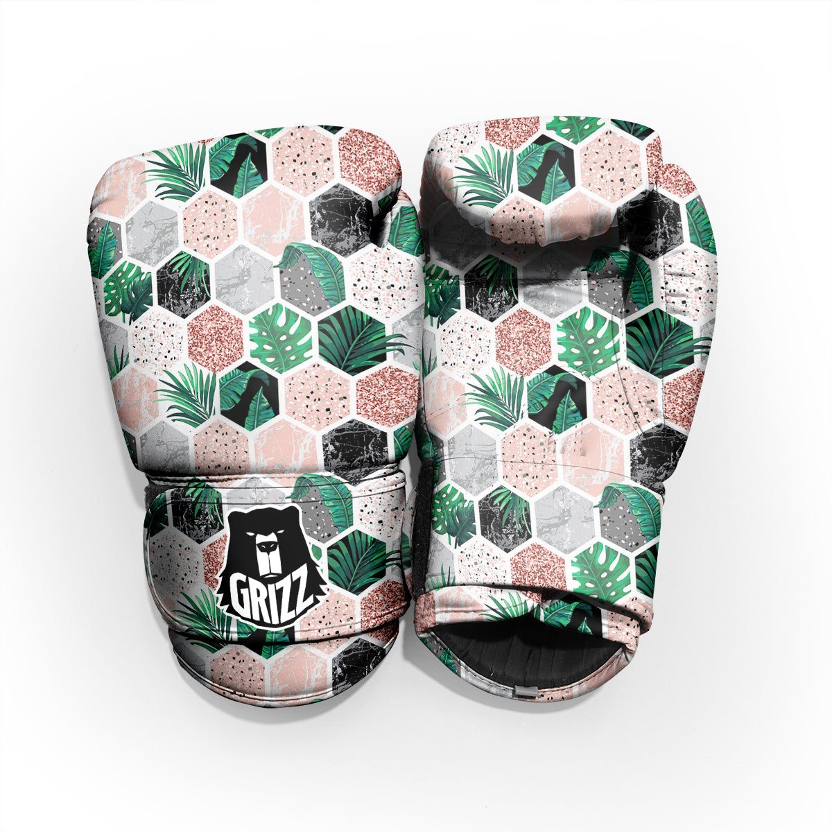 Marble Geometric And Tropical Leaves Print Sparring Gloves-grizzshop