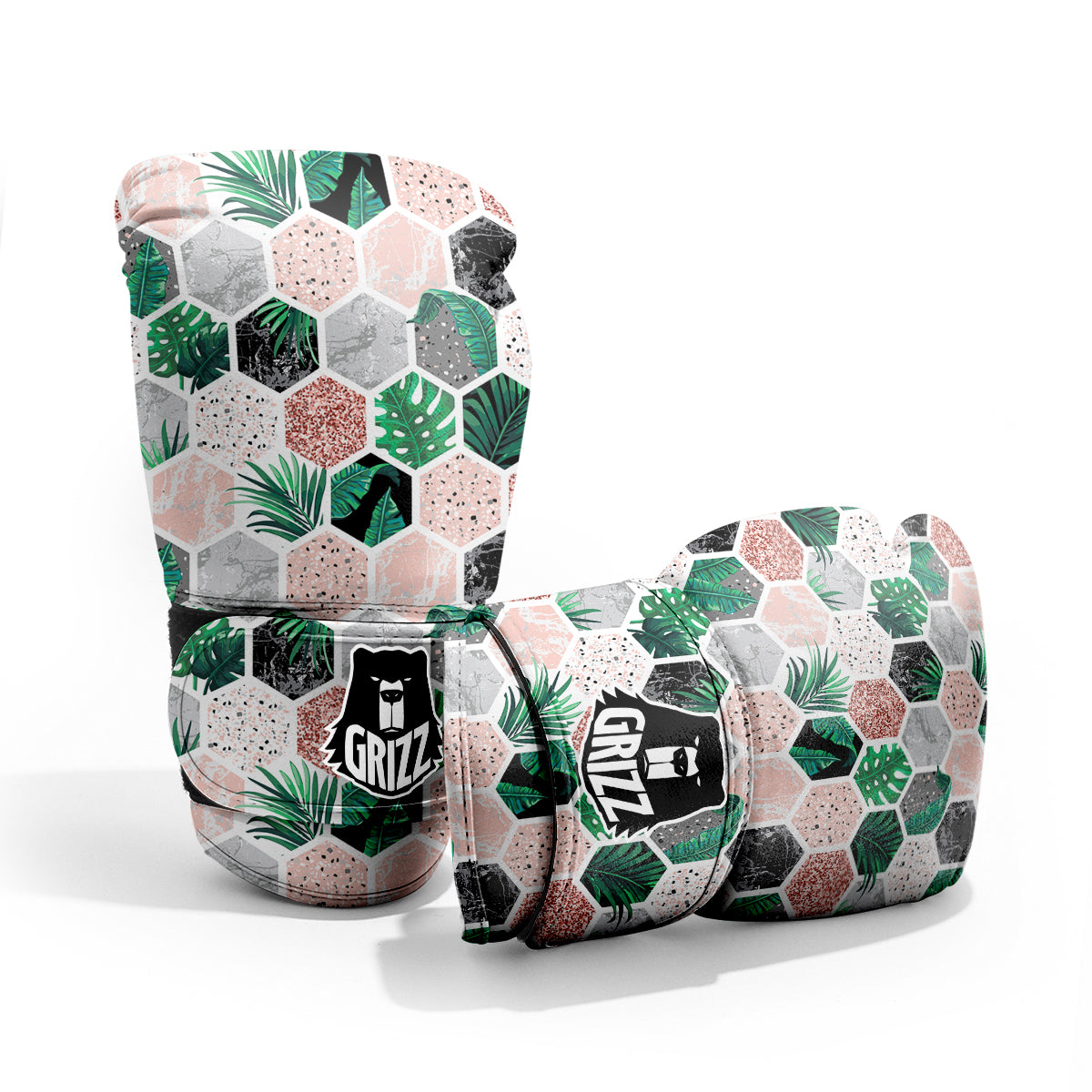 Marble Geometric And Tropical Leaves Print Sparring Gloves-grizzshop