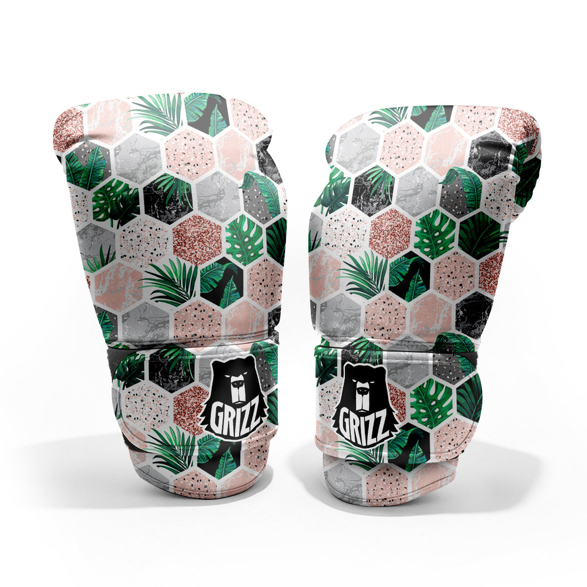 Marble Geometric And Tropical Leaves Print Sparring Gloves-grizzshop