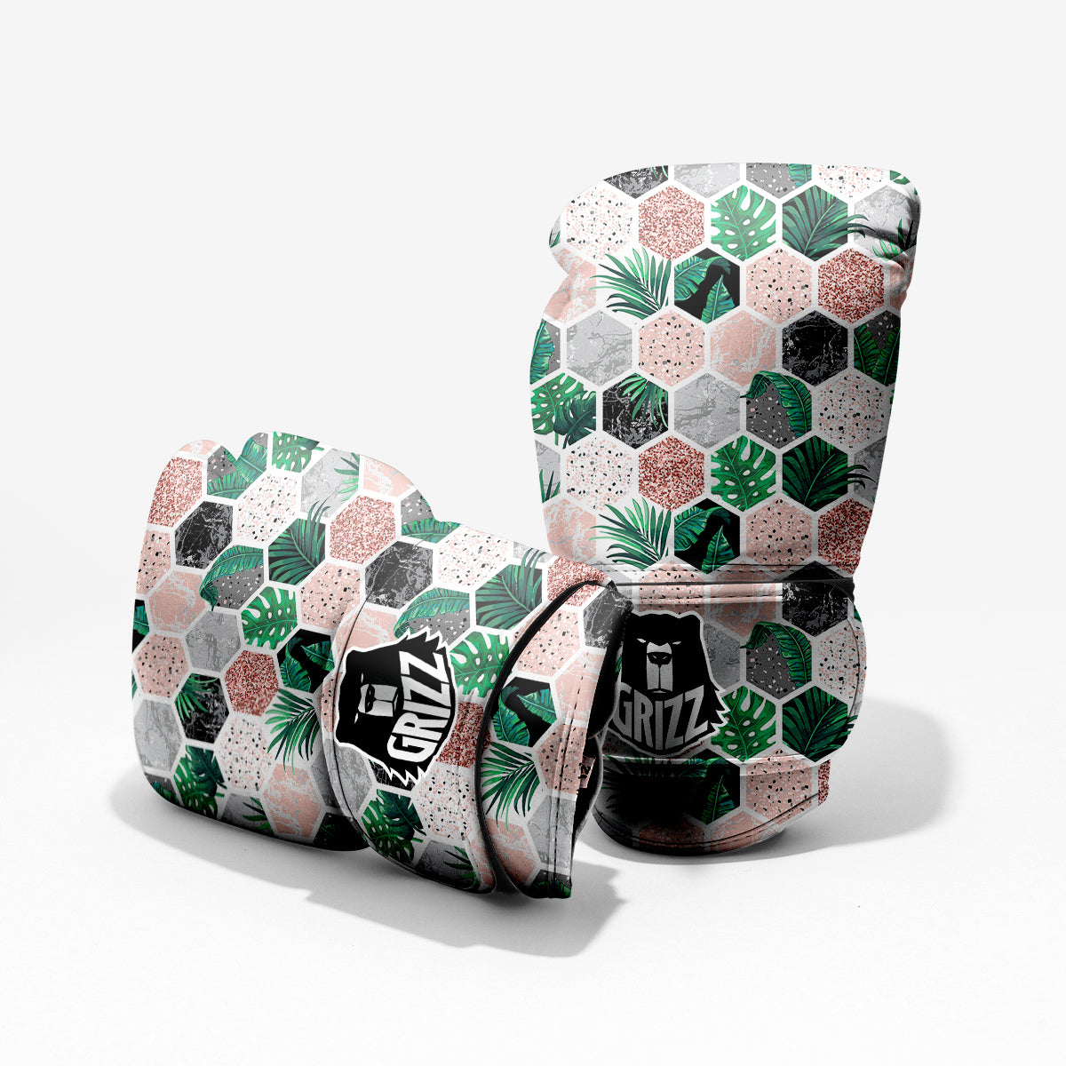 Marble Geometric And Tropical Leaves Print Sparring Gloves-grizzshop