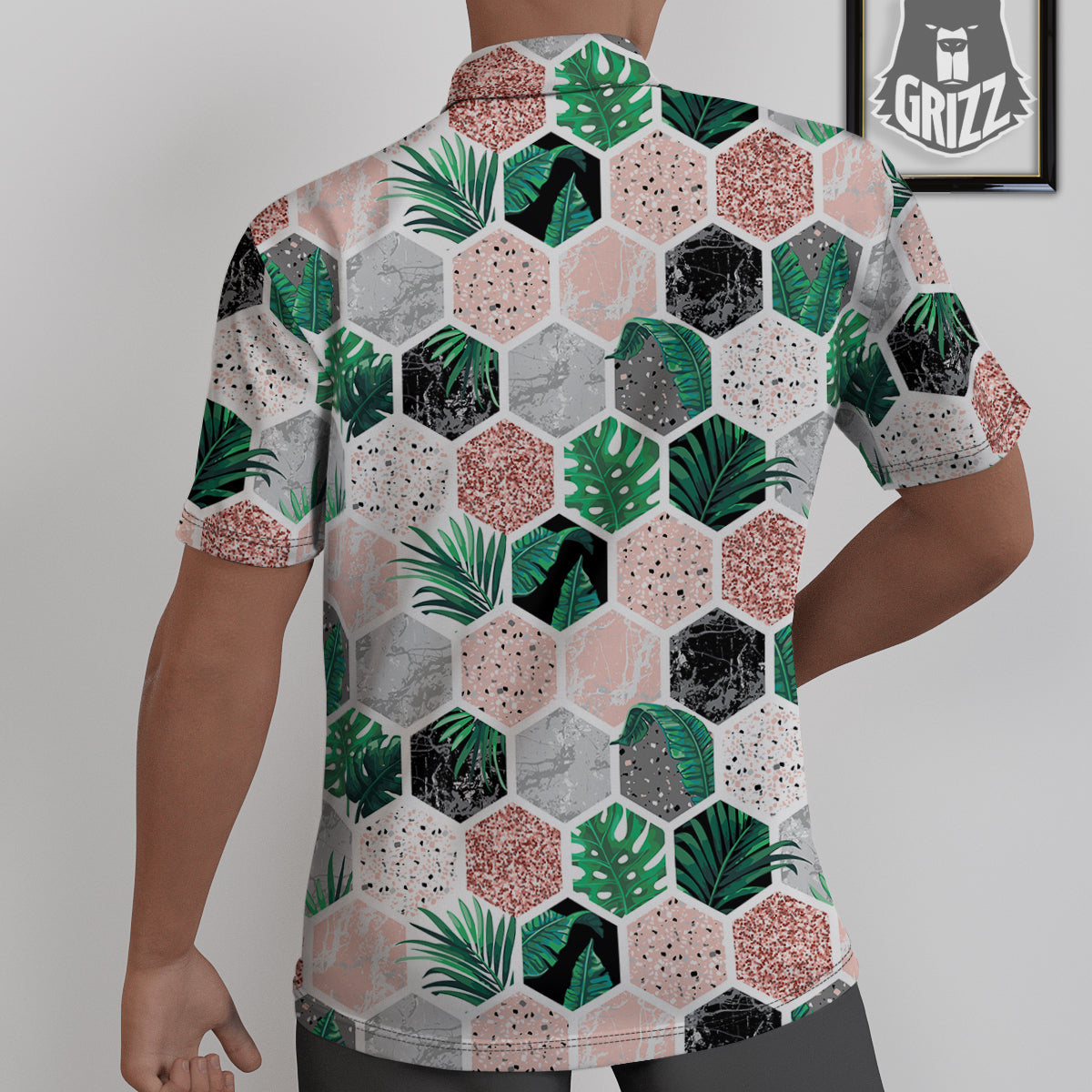 Marble Geometric And Tropical Leaves Print Untucked Shirts-grizzshop