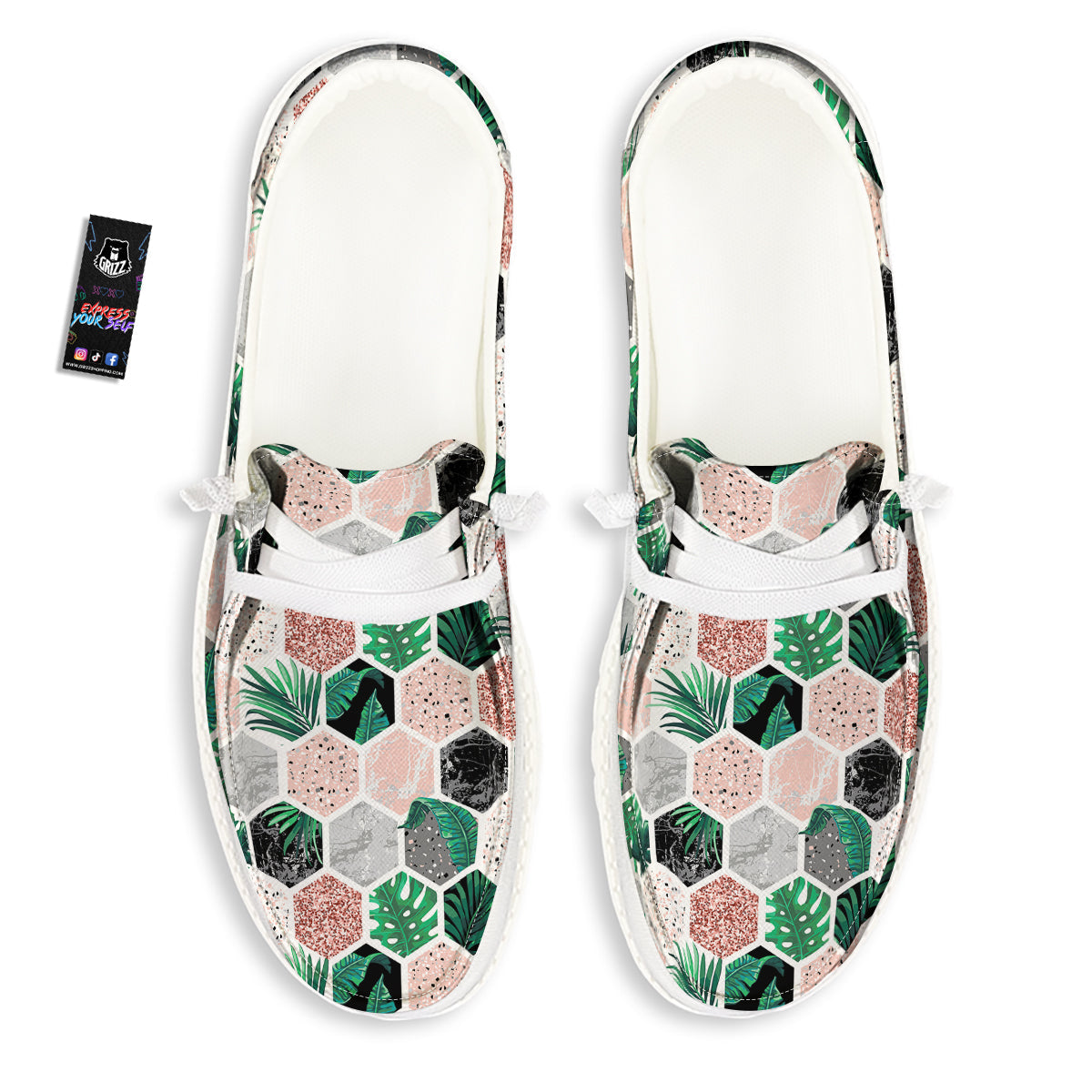 Marble Geometric And Tropical Leaves Print White Loafers-grizzshop