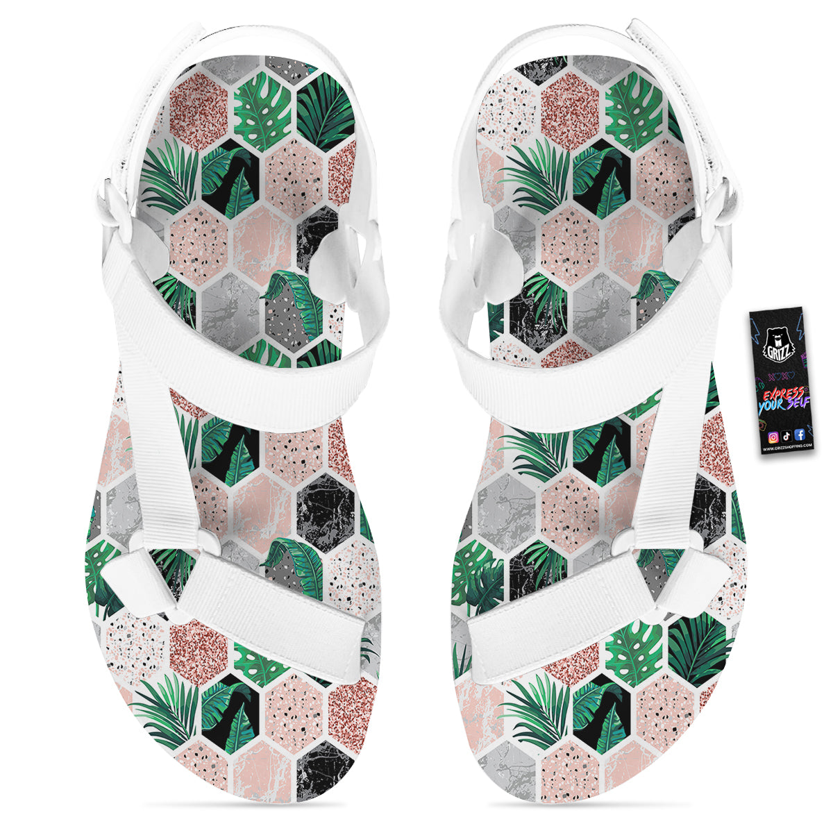 Marble Geometric And Tropical Leaves Print White Open Toe Sandals-grizzshop