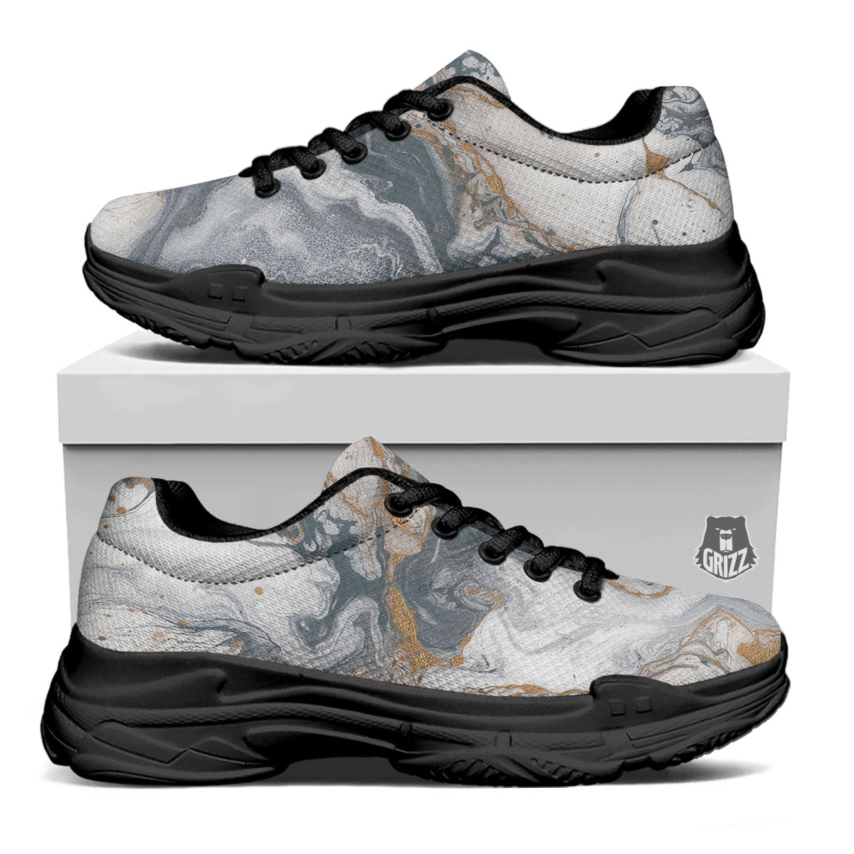 Marble Grey Bronze Print Black Chunky Shoes-grizzshop