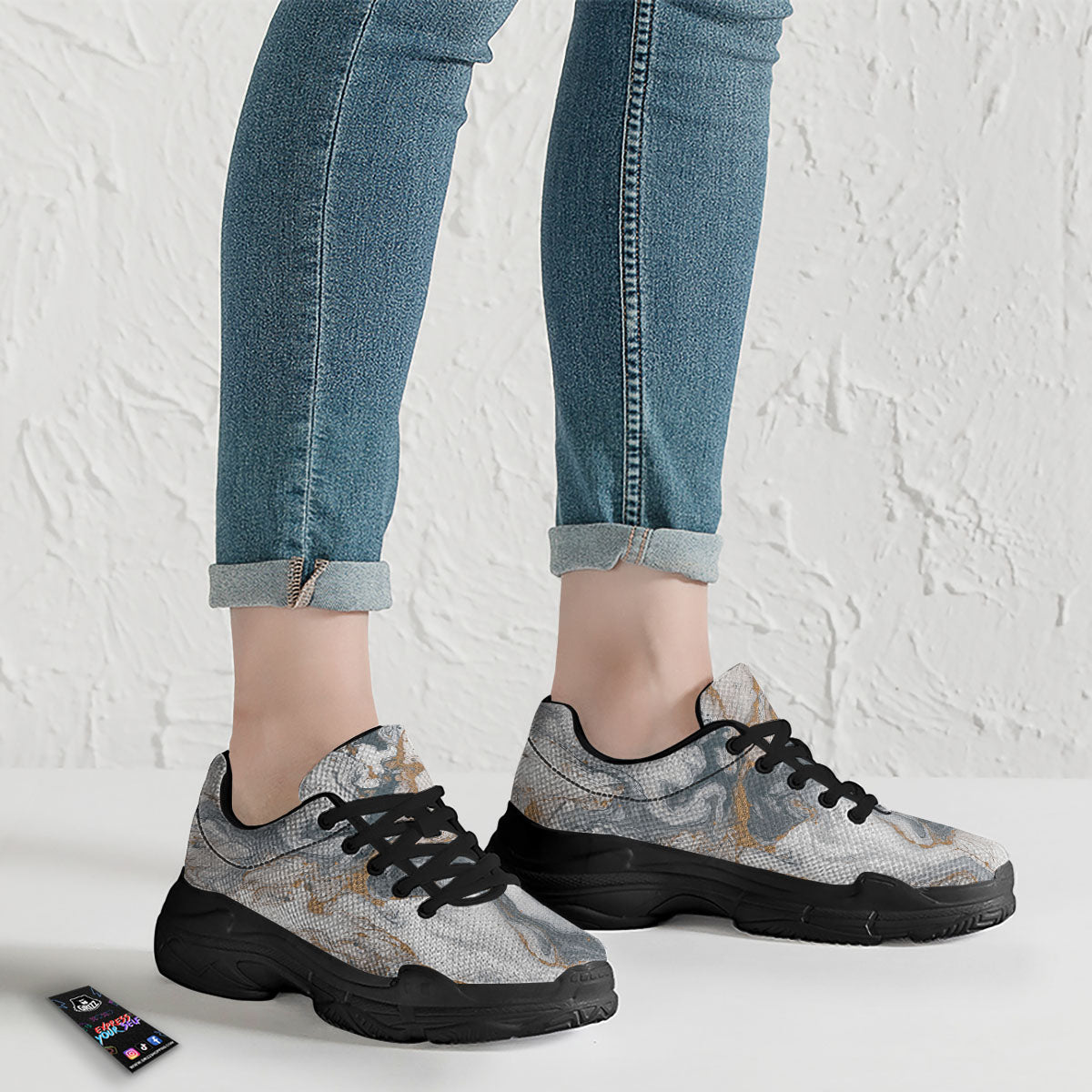 Marble Grey Bronze Print Black Chunky Shoes-grizzshop