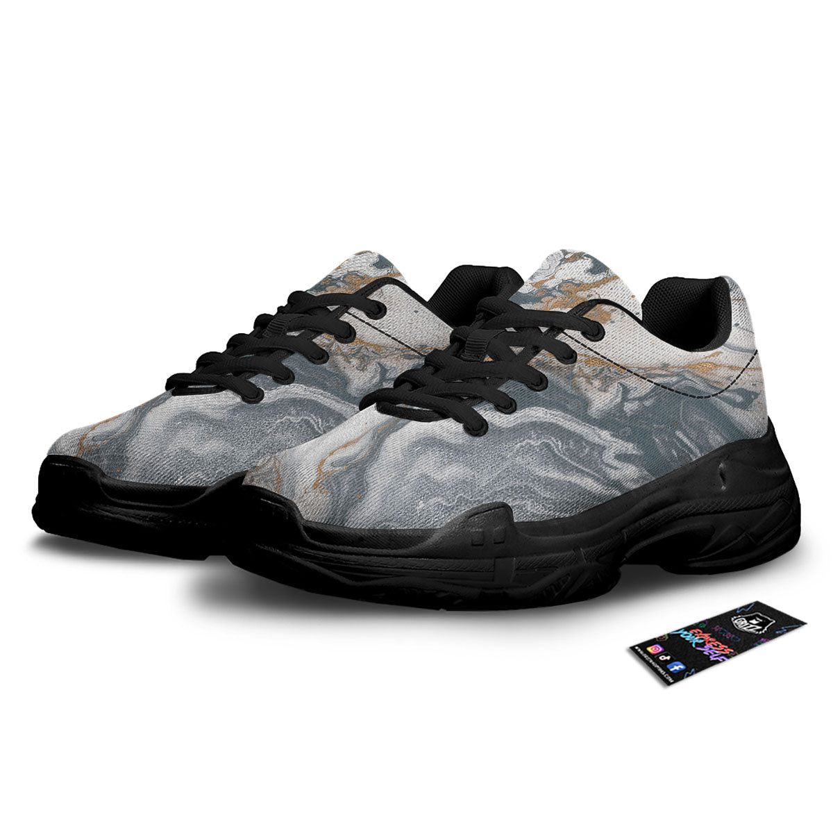 Marble Grey Bronze Print Black Chunky Shoes-grizzshop