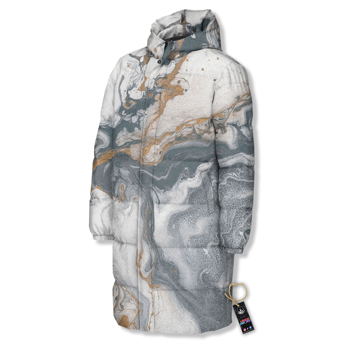 Marble Grey Bronze Print Long Down Jacket-grizzshop