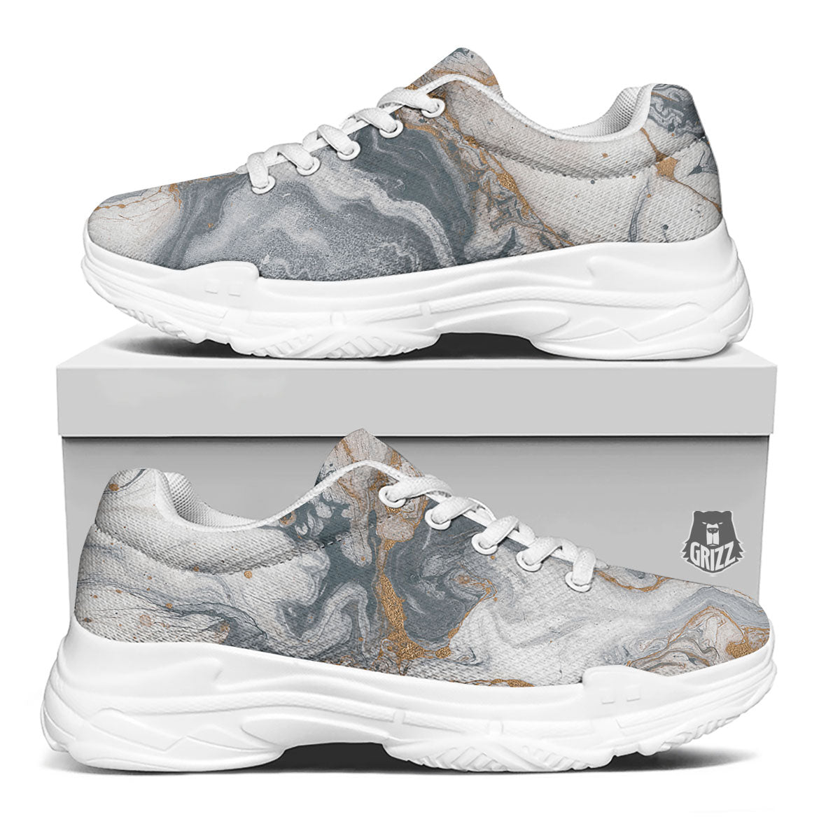 Marble Grey Bronze Print White Chunky Shoes-grizzshop