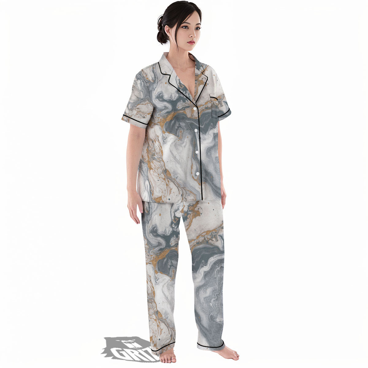 Marble Grey Bronze Print Women's Pajamas Set-grizzshop