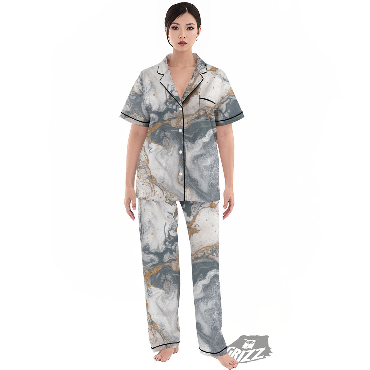 Marble Grey Bronze Print Women's Pajamas Set-grizzshop