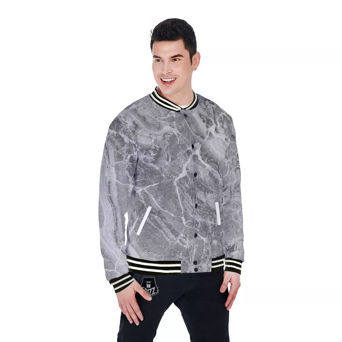 Marble Grey Print Baseball Jacket-grizzshop