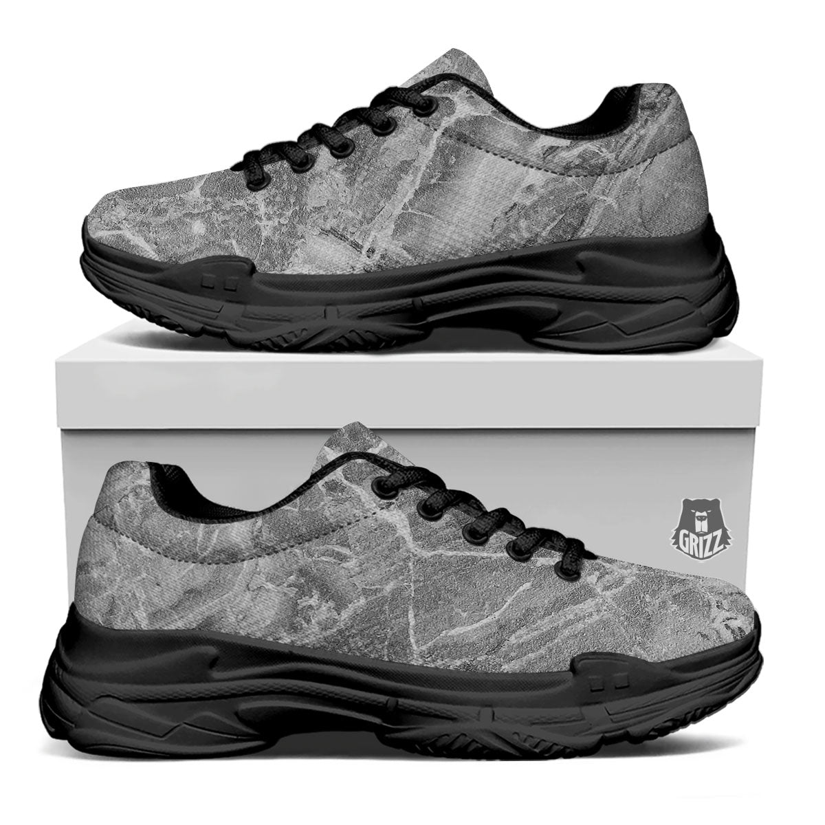 Marble Grey Print Black Chunky Shoes-grizzshop