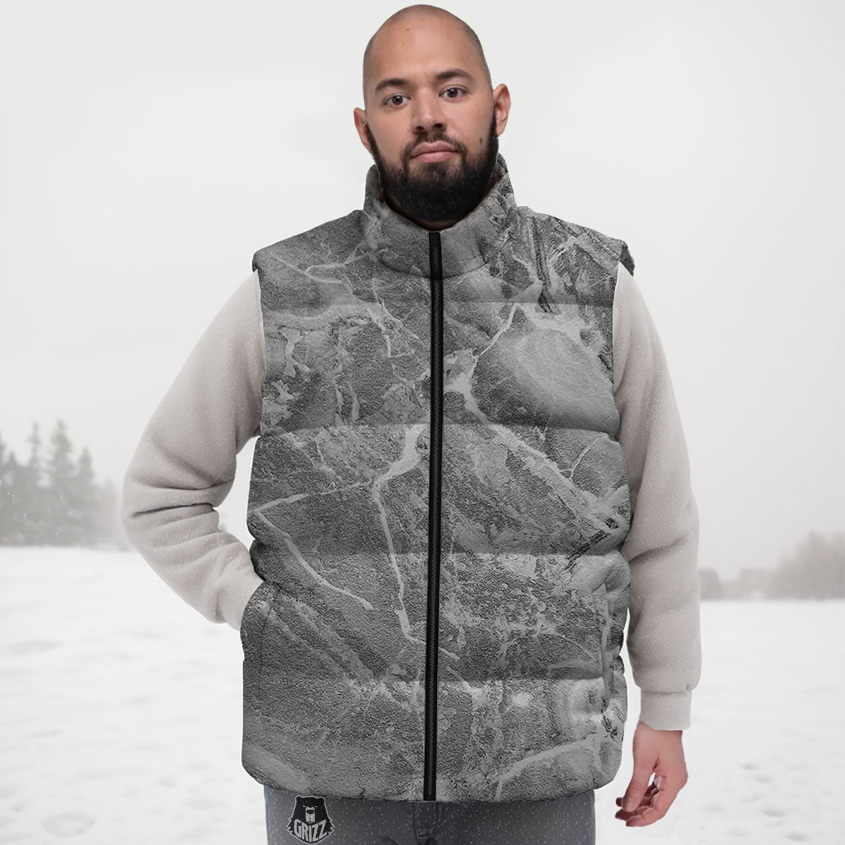 Marble Grey Print Down Vest-grizzshop