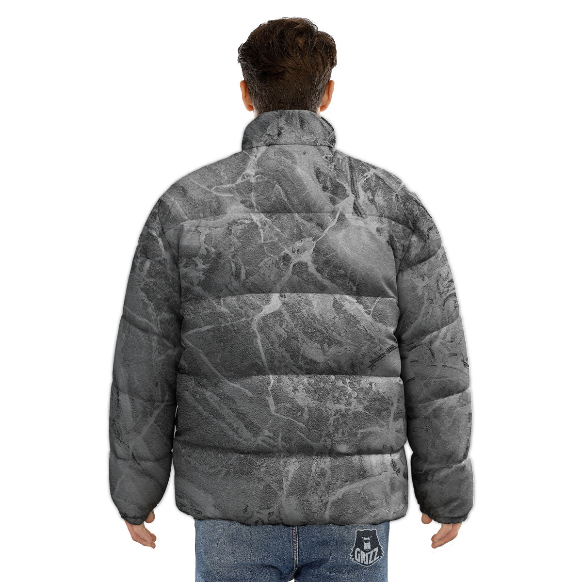 Marble Grey Print Puffer Jacket-grizzshop