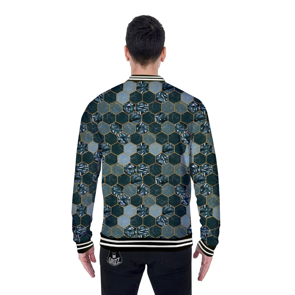 Marble Hexagon Green Tropical Print Pattern Baseball Jacket-grizzshop