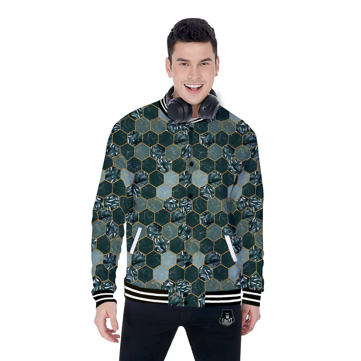 Marble Hexagon Green Tropical Print Pattern Baseball Jacket-grizzshop