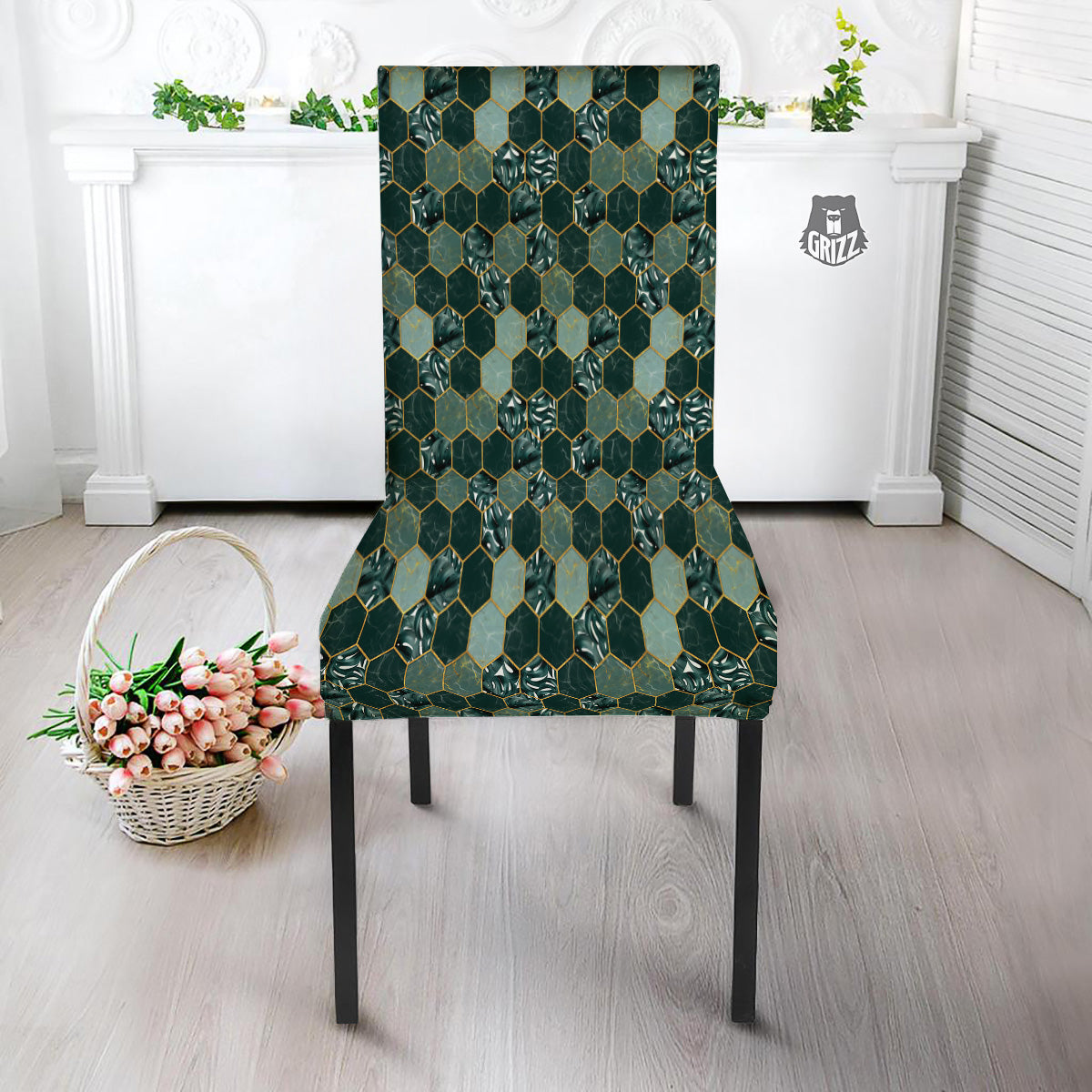 Marble Hexagon Green Tropical Print Pattern Dining Chair Slipcover-grizzshop