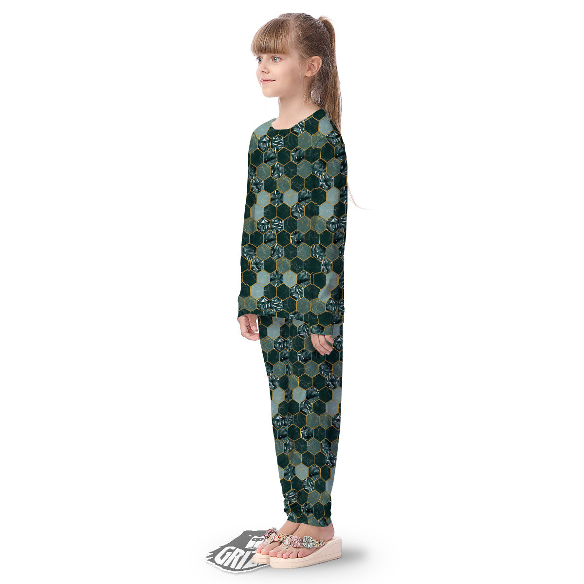 Marble Hexagon Green Tropical Print Pattern Kid's Pajamas-grizzshop