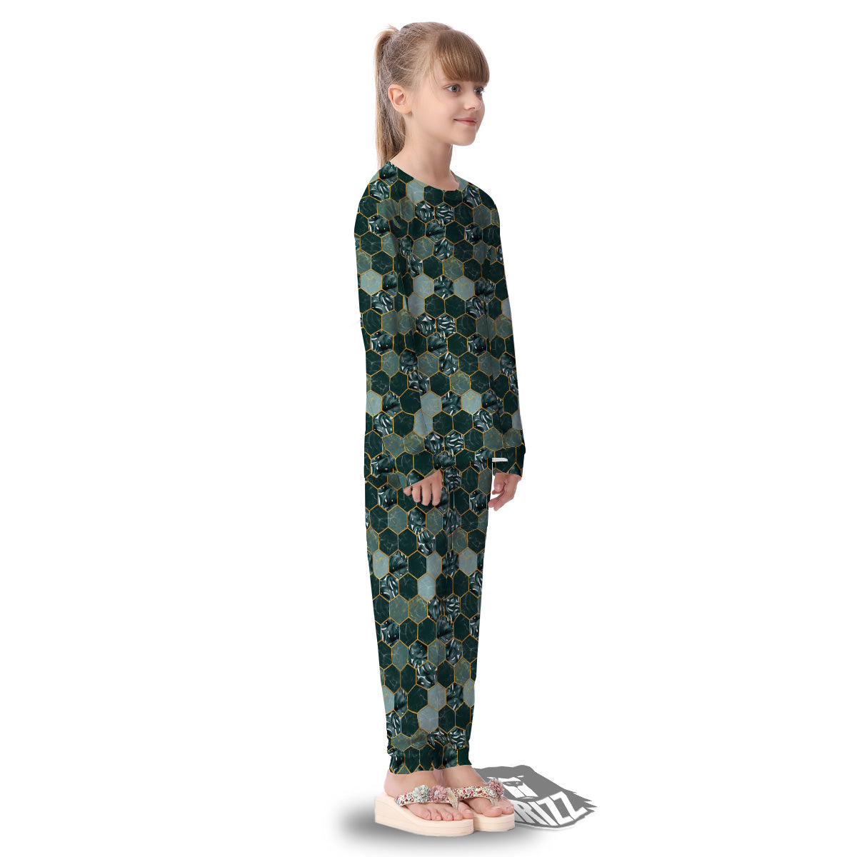 Marble Hexagon Green Tropical Print Pattern Kid's Pajamas-grizzshop