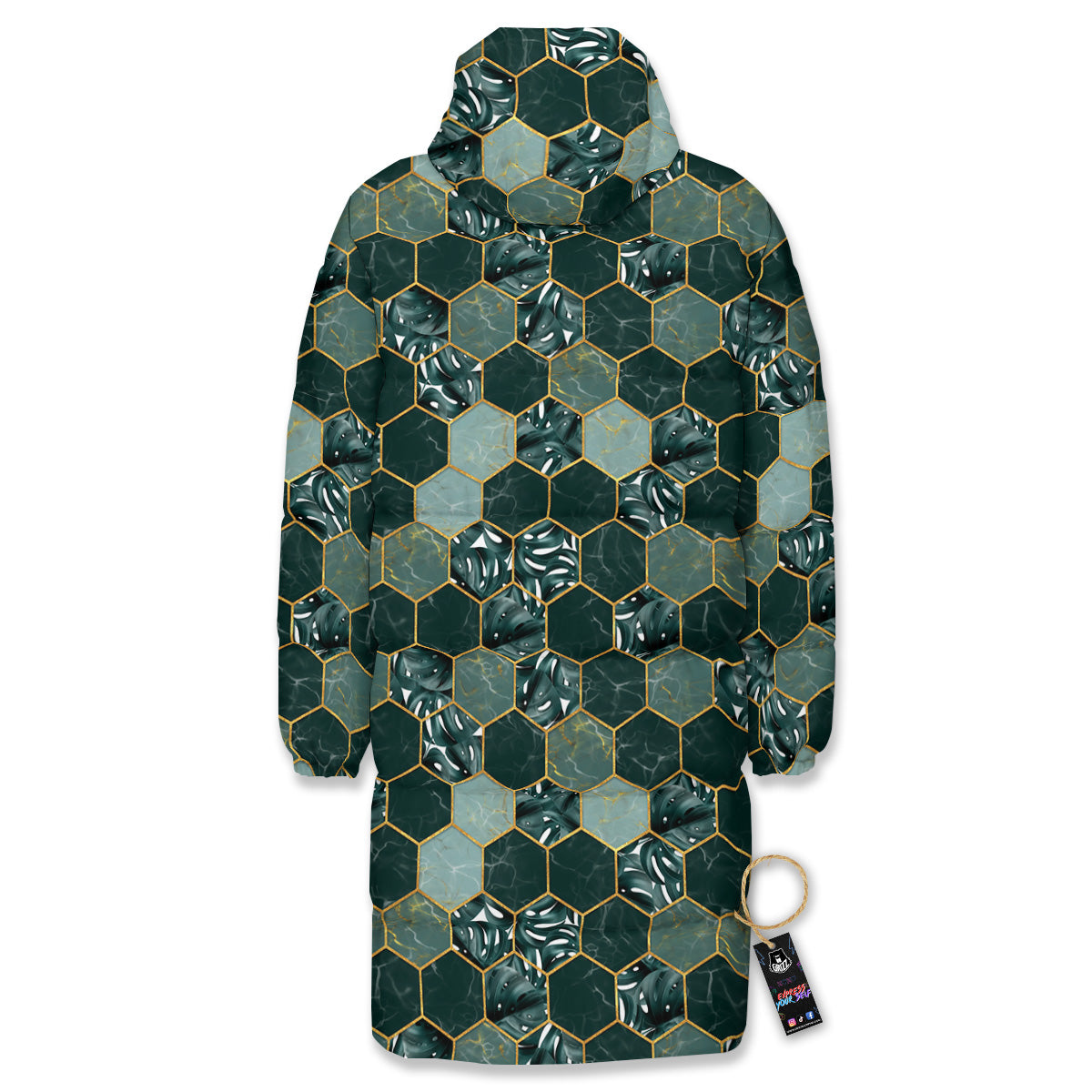 Marble Hexagon Green Tropical Print Pattern Long Down Jacket-grizzshop