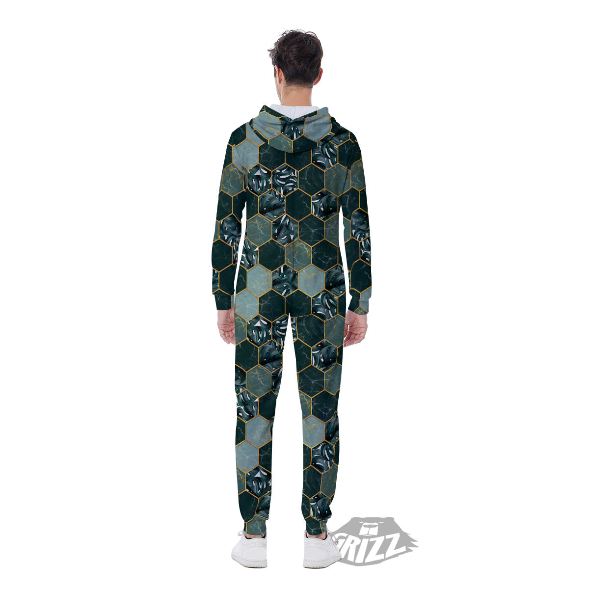 Marble Hexagon Green Tropical Print Pattern Men's Jumpsuit-grizzshop