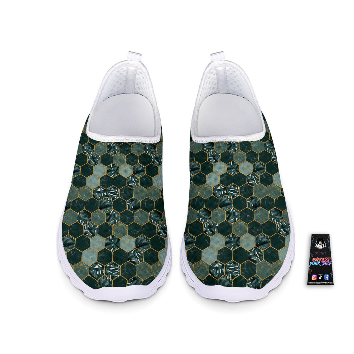Marble Hexagon Green Tropical Print Pattern Nurse Shoes-grizzshop