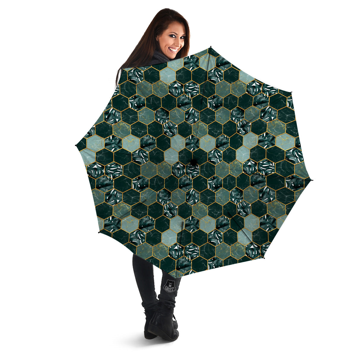 Marble Hexagon Green Tropical Print Pattern Umbrella-grizzshop