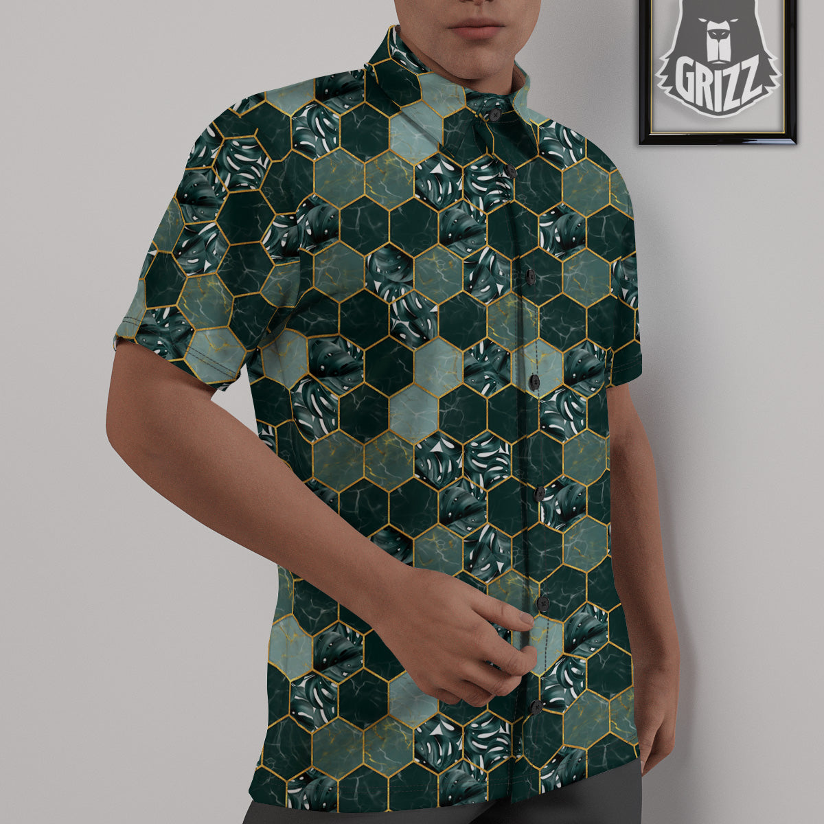 Marble Hexagon Green Tropical Print Pattern Untucked Shirts-grizzshop