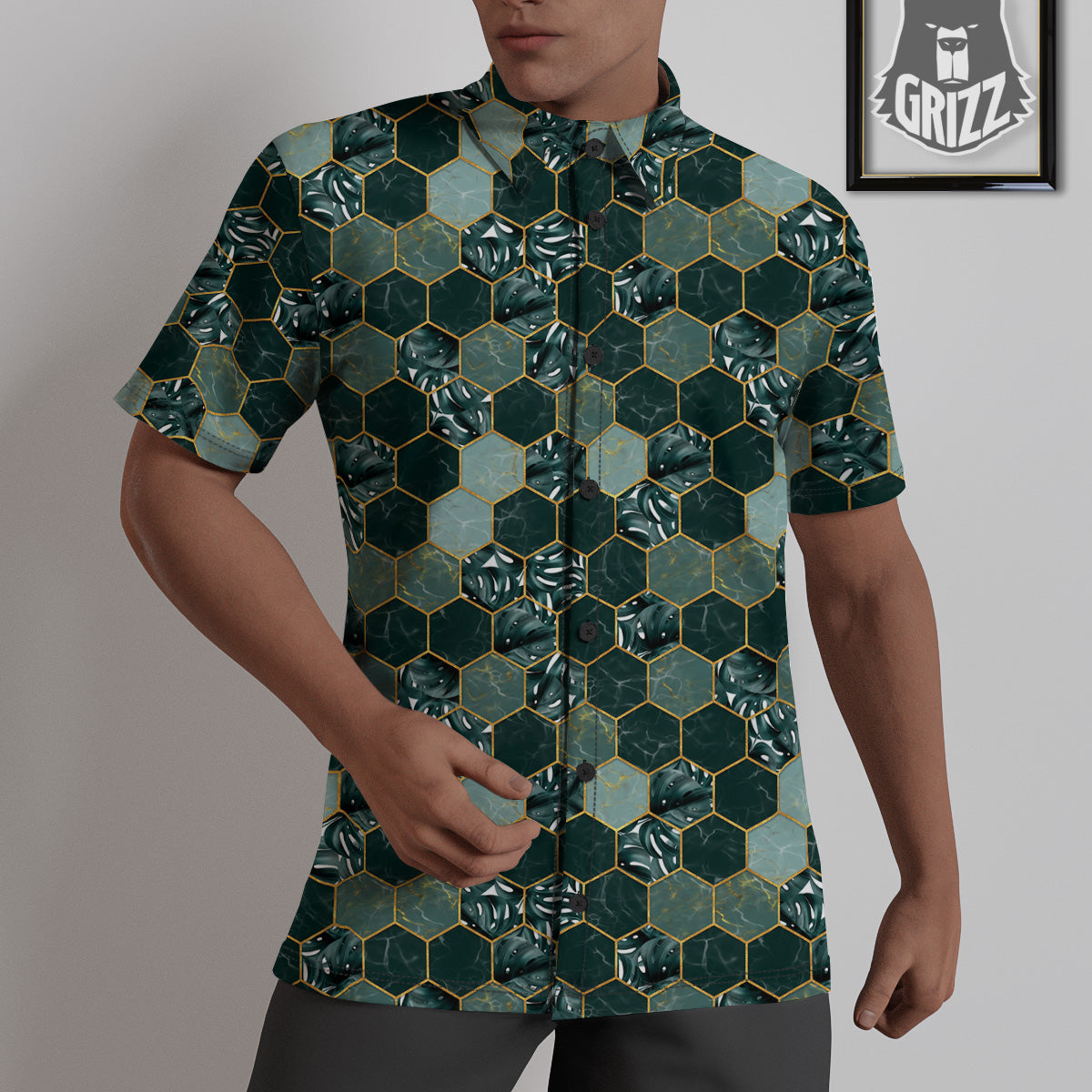Marble Hexagon Green Tropical Print Pattern Untucked Shirts-grizzshop