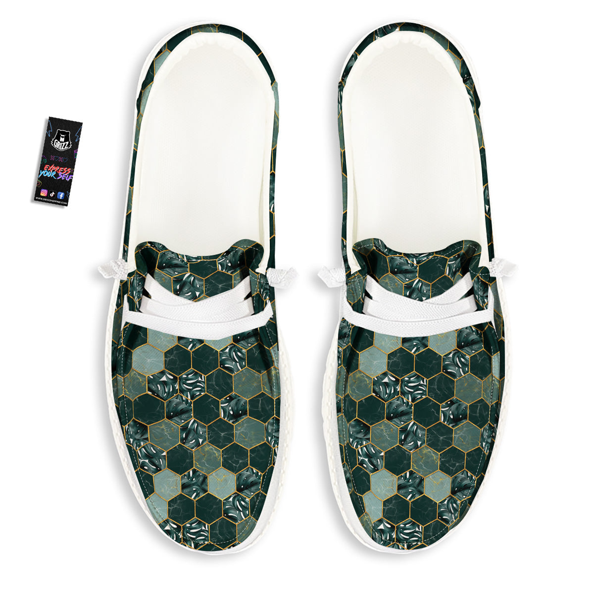 Marble Hexagon Green Tropical Print Pattern White Loafers-grizzshop