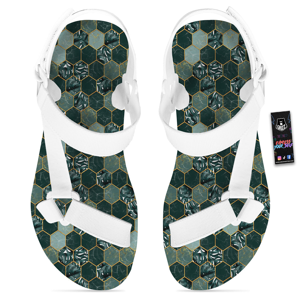 Marble Hexagon Green Tropical Print Pattern White Open Toe Sandals-grizzshop