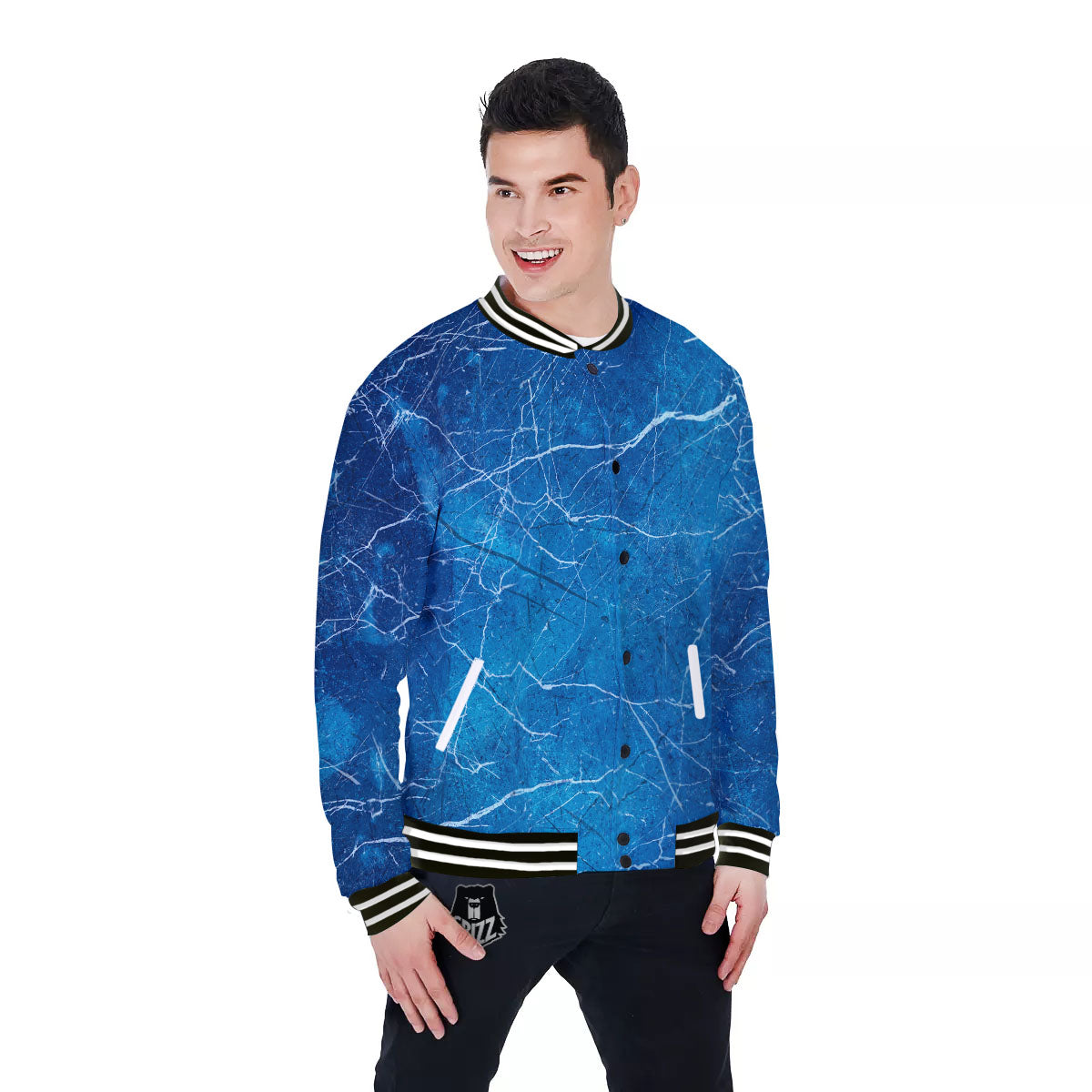 Marble Ice Blue Print Baseball Jacket-grizzshop