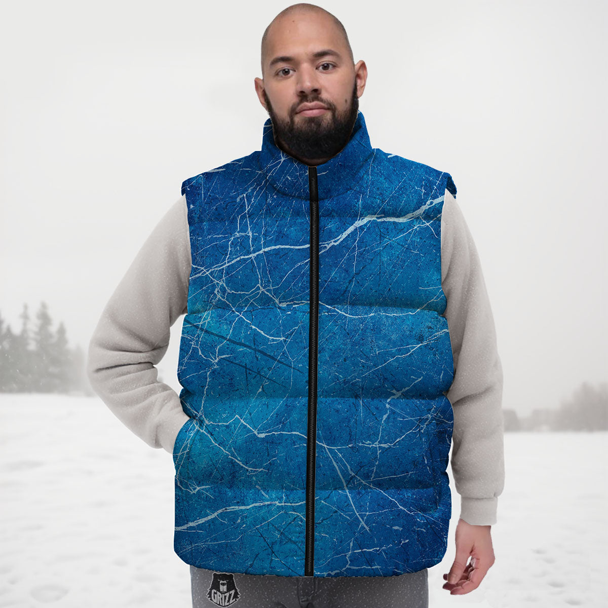 Marble Ice Blue Print Down Vest-grizzshop