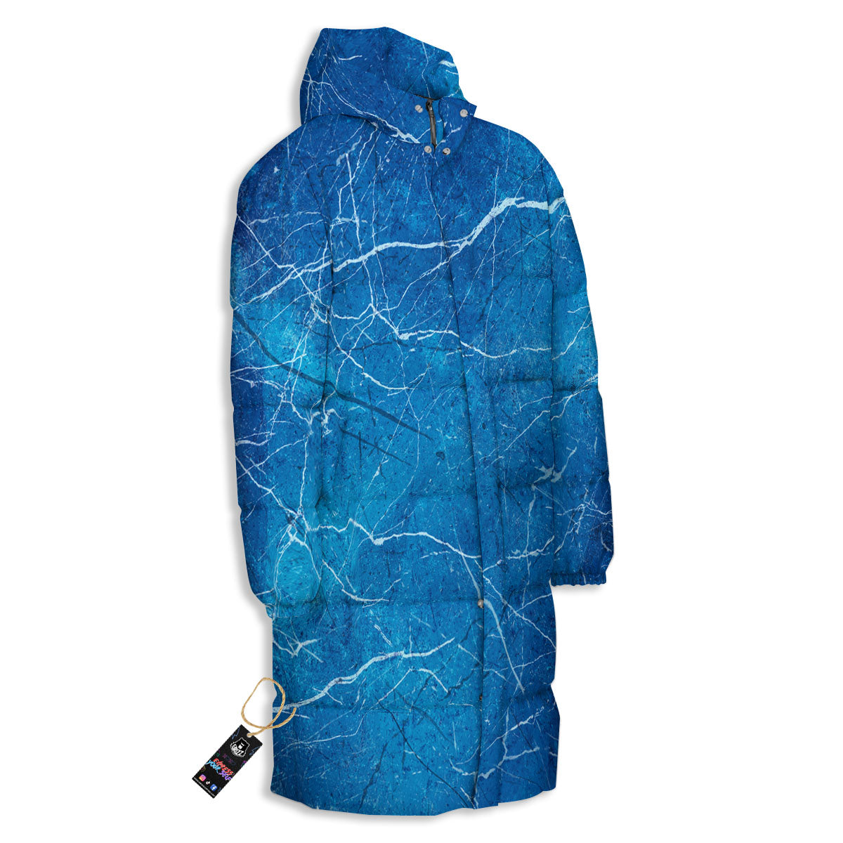 Marble Ice Blue Print Long Down Jacket-grizzshop